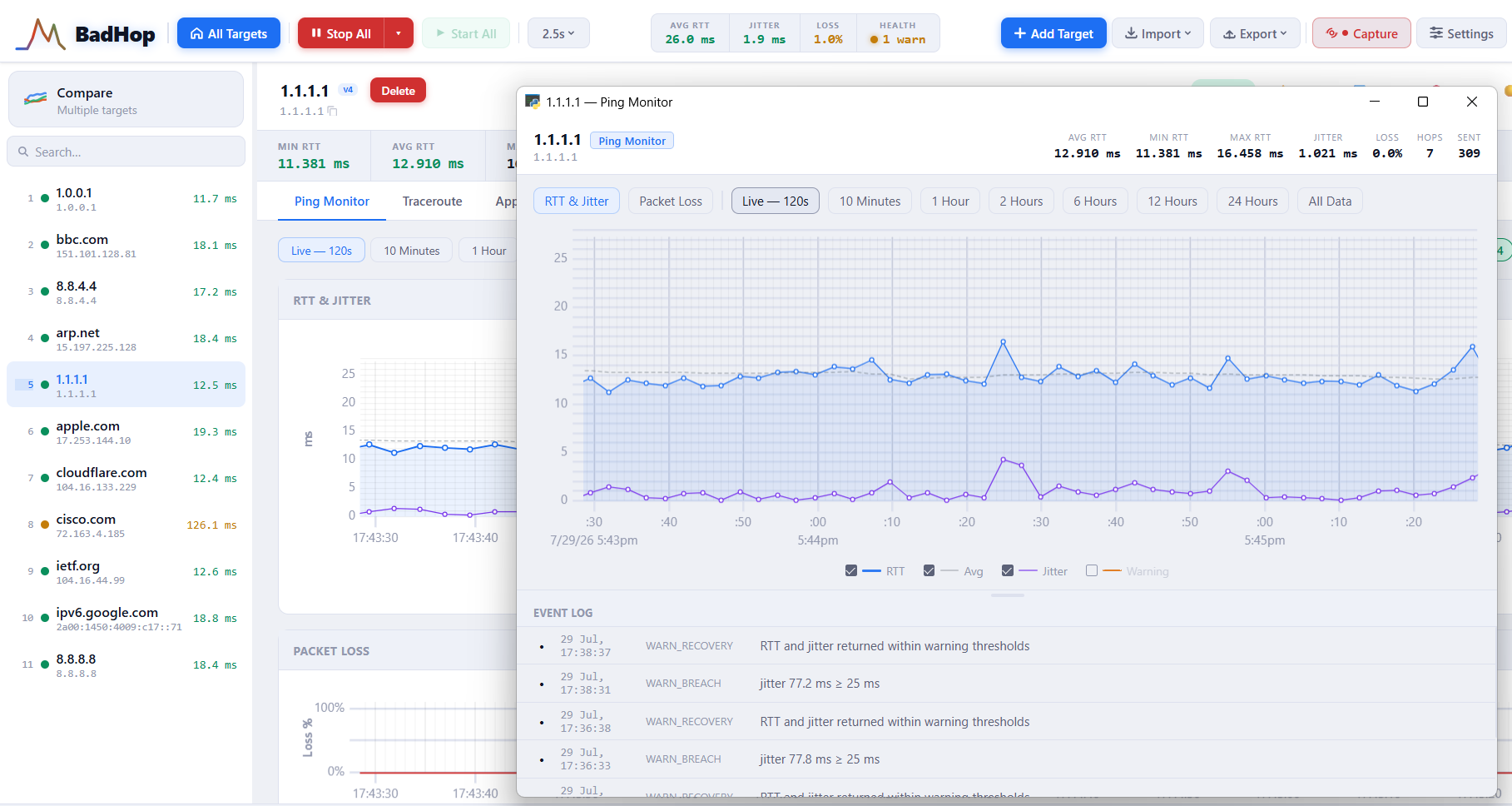 BadHop light theme showing a floating Ping Monitor window for a single target