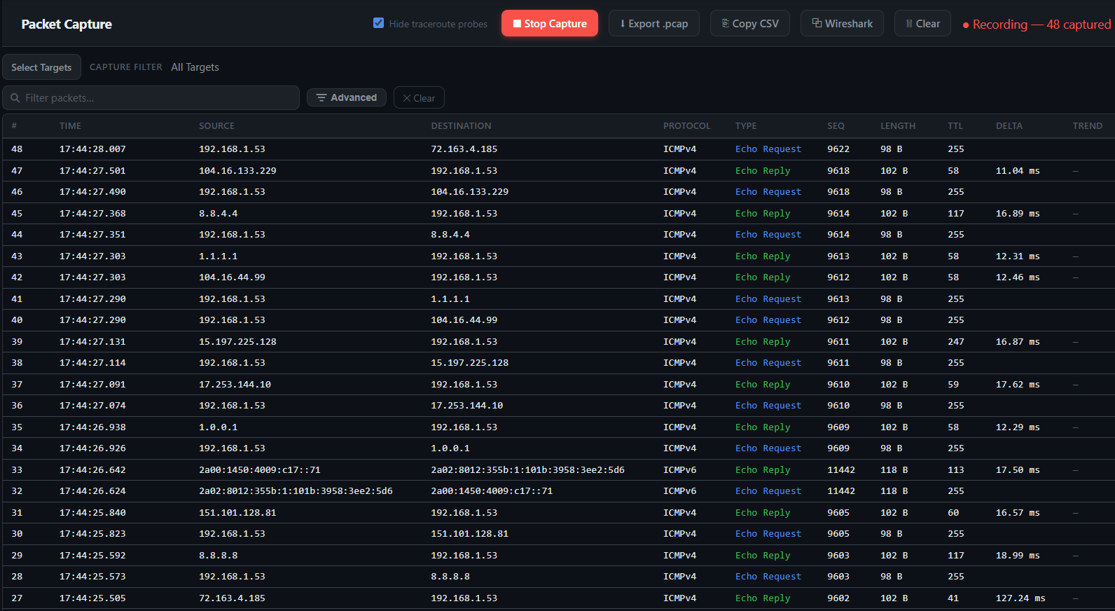 BadHop Packet Capture view showing live captured ICMP packets with export to pcap and Wireshark options